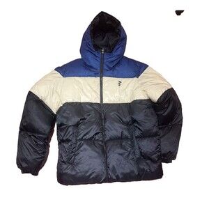 IZOD Down Puffer Jacket XL Color Block Navy Cream Royal Blue Mens Winter Coat